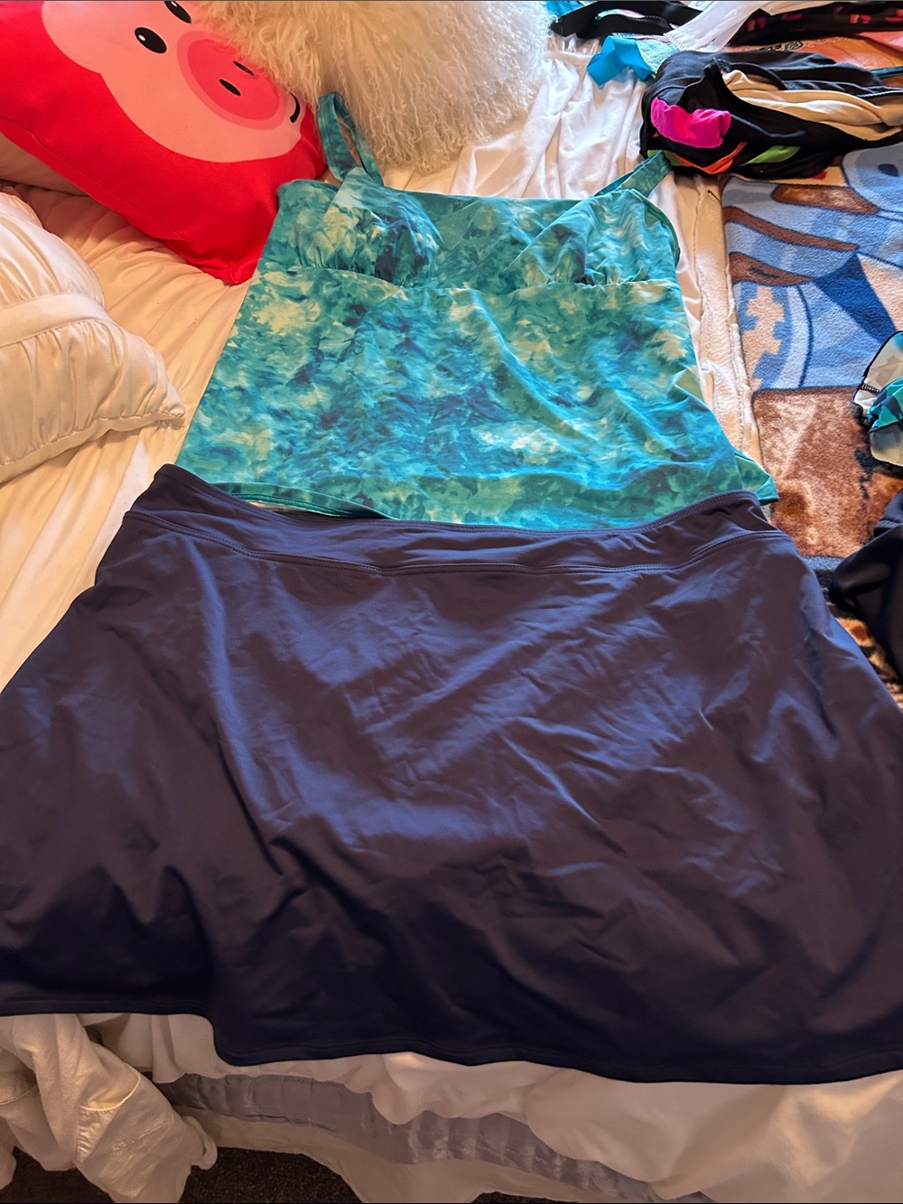 Blue Green Tie-Dye Tankini Top with Navy Skirted Bottom